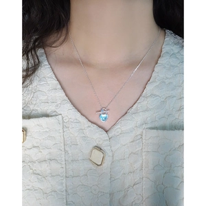 S925 sterling silver necklace featuring a sea blue heart pendant and unique OT toggle clasp
