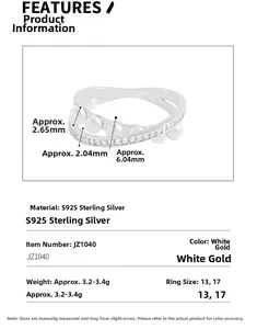 Detailed spec sheet showing S925 sterling silver ring dimensions and pearl size