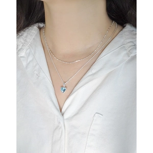 Élégant collier double en argent sterling S925 avec pendentif cœur en pierre bleu marine