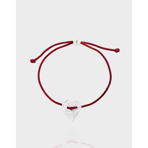 925 Sterling Silver Heart Charm Bracelet For Women Adjustable Woven Cord Handmade Bracelet With Wrinkled Texture Minimalist Jewelry