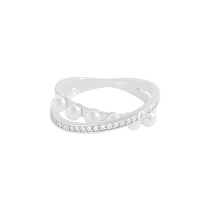Elegant S925 sterling silver ring with interlocking design, white pearls and sparkling zircons