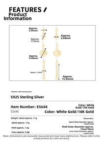 Detailed size specifications for S925 sterling silver shell and cross stud earrings