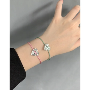 S925 sterling silver heart charm bracelets with textured finish on pink and green cords