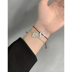 S925 sterling silver heart charm drawstring bracelets in red and beige cord with hammered texture
