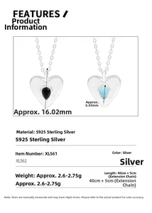 Detail specifications of S925 sterling silver heart necklace with crystal size and weight info