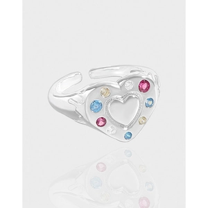 S925 Sterling Silver Multicolor Rhinestone Heart Open Ring Korean Style Adjustable Liquid Design Luxury Women Jewelry