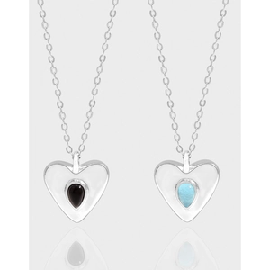 S925 Sterling Silver Heart Pendant Necklace For Women Light Luxury INS Style Blue Black Rhinestone Gemstone Clavicle Chain Jewelry