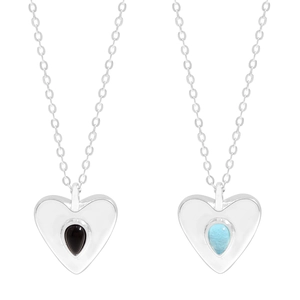 Elegant S925 sterling silver necklace with light blue and black heart crystal pendants