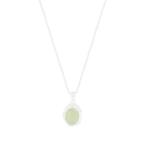 S925 sterling silver necklace with light green oval crystal pendant on white background
