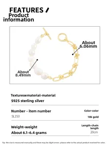 Détails du bracelet en argent S925 avec perles baroques, longueur 20cm et fermoir en T