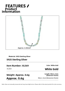 Gedetailleerde maten van S925 zilveren kralenketting met 2,43 mm kralen en 40 cm ketting