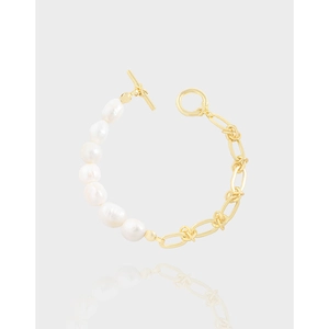 Bracelet Künstliche Perles Baroques Argent 925 Sterling Chaîne Épissée Irrégulière Plaqué Or 18K Fermoir Toggle Accessoire Femme Élégant
