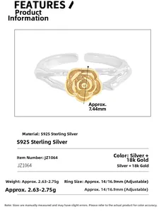 Detail specifications of S925 silver rose ring with adjustable band and floral motif