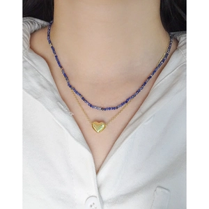 S925 zilveren dubbele ketting met blauwe lapis kralen en een gouden hart hanger