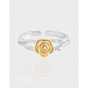 925 Sterling Silver Rose Flower Open Ring For Women Elegant Two Tone Gold Silver Electroplated Adjustable Branch Texture Jewelry