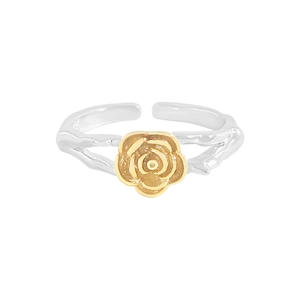 Minimalist S925 silver open ring featuring a dual-tone branch design with a gold rose