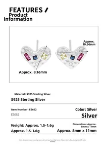 Detailed size parameters and macro view of S925 silver heart earrings with colored zircons