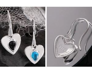 Detail showing S925 sterling silver hallmark and black heart agate earring design