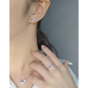S925 sterling silver heart jewelry set with textured finish and colorful zircon stones
