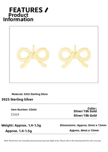 Detail view of S925 sterling silver bow earrings with dimensions and gold plating specs