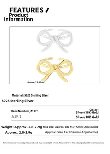 Macro view of adjustable S925 sterling silver bow ring with precise size measurements