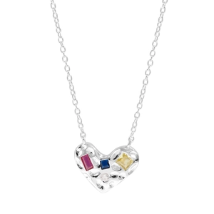 Collier cœur en argent S925 avec texture martelée et pierres en zircon colorées