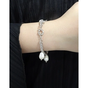 Baroque pearl bracelet in S925 silver with OT clasp, elegant layered chain for women