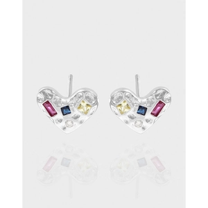 S925 Sterling Silver Heart Stud Earrings Colorful Zirconia Pleated Texture Niche Design Korean Style Fashion Jewelry