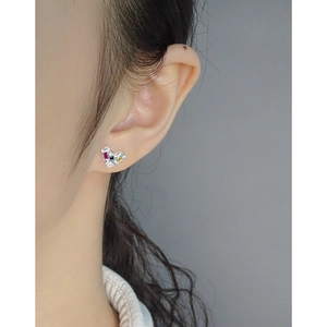 S925 sterling silver heart earrings with colorful zircons and crinkled texture on model