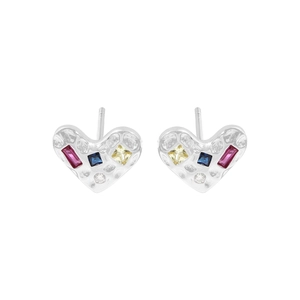 S925 sterling silver heart studs with textured finish and colorful zircon stones