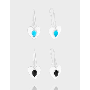 S925 Sterling Silver Heart Dangle Earrings For Women Luxury Black Onyx Sea Blue Stone Teardrop Earrings Vintage Jewelry Gift