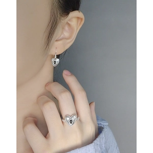 S925 silver heart earring and ring set with black onyx, minimalist jewelry on model