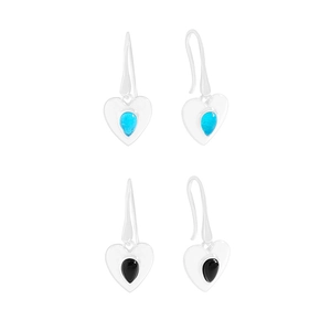 S925 silver heart drop earrings featuring black onyx and sky blue teardrop stones
