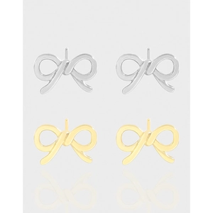925 Sterling Silver Bow Stud Earrings For Women Hollow Ribbon Design Minimalist Korean Style Electroplated Gold Silver Jewelry