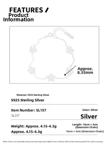 Spécifications du bracelet fleurs en argent S925 montrant les détails de taille et poids