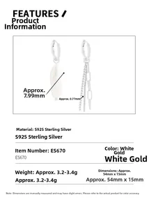 Detail view of S925 sterling silver asymmetric earrings with baroque pearl and chain tassels