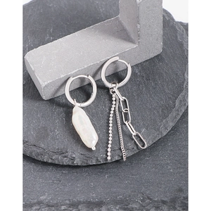 Asymmetric S925 silver earrings with natural baroque pearl and hanging chain tassels