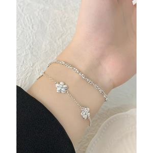 Bracelet double couche en argent S925 avec breloques de fleurs géométriques pour femmes