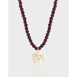 925 Sterling Silver Garnet Beaded Puppy Necklace For Women 18K Gold Plated Natural Pearl Dog Pendant Clavicle Chain Jewelry
