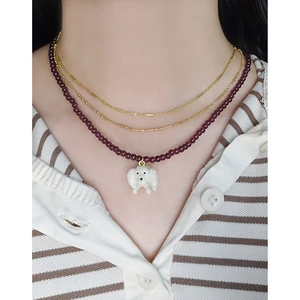 S925 silver layered necklace set with deep red garnet beads and cute dog pendant