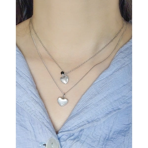 S925 silver double-layer heart pendant necklace with black bead and mother-of-pearl inlay