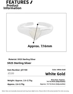 Détails de bague coeur en argent S925 avec taille 7,16mm et anneau réglable 16,9mm