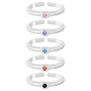 Set aus fünf S925 Sterlingsilber verdrehten Ringen mit bunten quadratischen Zirkonia