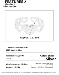 Detailed specs of S925 sterling silver adjustable heart ring with 7.62mm width and 1.7g weight