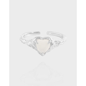 S925 Sterling Silver Heart Agate Ring For Women Irregular Pleated Texture Adjustable Open Ring Korean Style Jewelry Gift