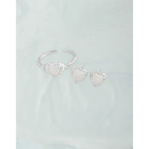 S925 sterling silver heart ring and earring set with irregular lava texture finish