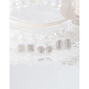 Elegant S925 silver stud earrings set with opal stones in heart, square, and oval shapes