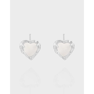 S925 Sterling Silver Liquid Metal Heart Agate Stud Earrings Irregular Molten Texture Minimalist Elegant Ear Jewelry For Women