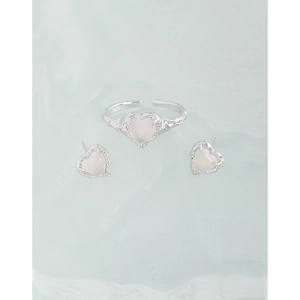S925 sterling silver liquid metal heart agate jewelry set with open ring and stud earrings