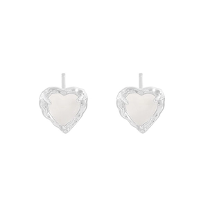 Minimalist S925 silver heart stud earrings with white agate and textured lava edges